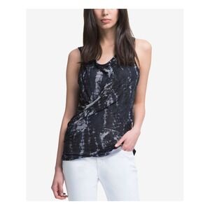DKNY Black Grey Abstract Print Asymmetric Mesh Evening Top S Artsy Eclectic Boho